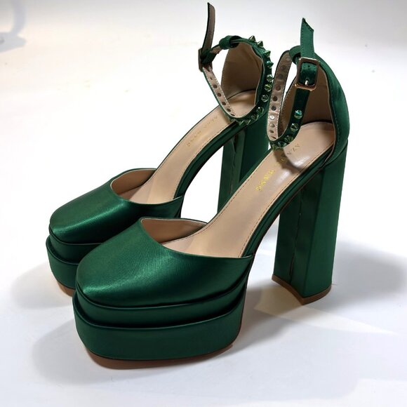 Azalea Wang Shoes - Azalea Wang Penelope Green Satin Studded Mega Platform Heels - Size 8.5